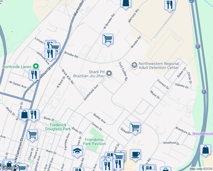 map of restaurants, bars, coffee shops, grocery stores, and more near 860 Smithfield Avenue in Winchester