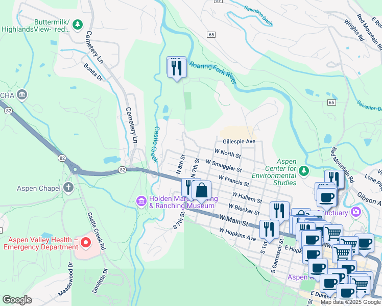 map of restaurants, bars, coffee shops, grocery stores, and more near 800 West Smuggler Street in Aspen