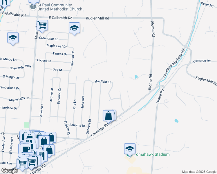 map of restaurants, bars, coffee shops, grocery stores, and more near 8137 Maxfield Lane in Cincinnati