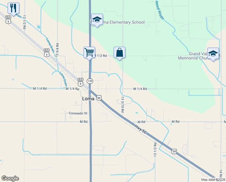 map of restaurants, bars, coffee shops, grocery stores, and more near 1315 M 1/4 Road in Loma