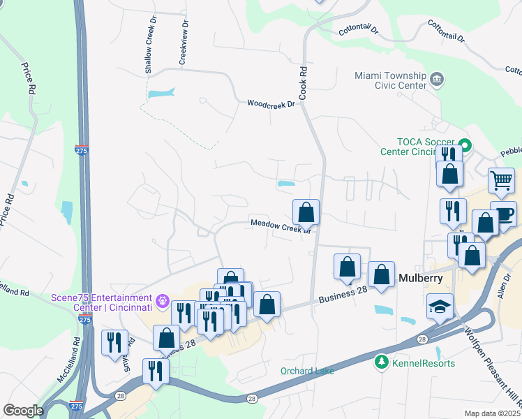 map of restaurants, bars, coffee shops, grocery stores, and more near 5979 Meadow Creek Drive in Milford