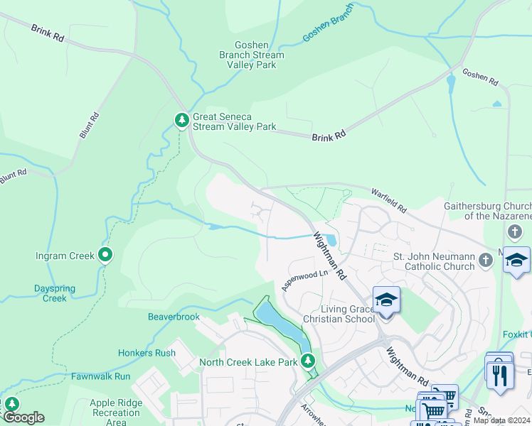 map of restaurants, bars, coffee shops, grocery stores, and more near 9700 Winery Court in Montgomery Village