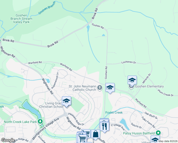 map of restaurants, bars, coffee shops, grocery stores, and more near 20711 Warfield Court in Gaithersburg