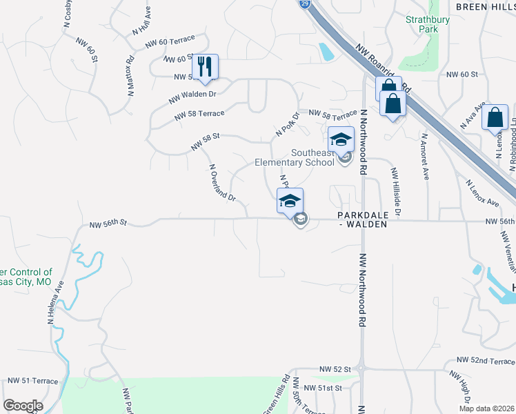map of restaurants, bars, coffee shops, grocery stores, and more near 5605 North Overland Drive in Kansas City
