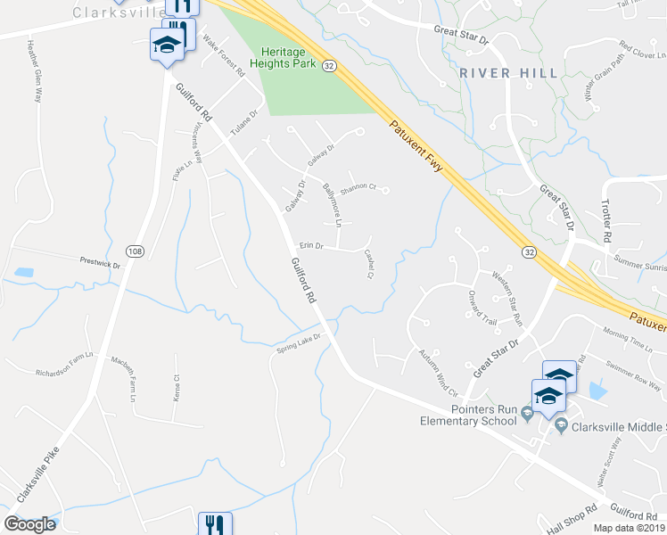 map of restaurants, bars, coffee shops, grocery stores, and more near 6436 Erin Drive in Clarksville
