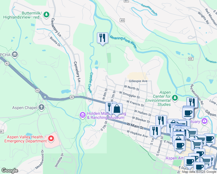 map of restaurants, bars, coffee shops, grocery stores, and more near 949 West Smuggler Street in Aspen