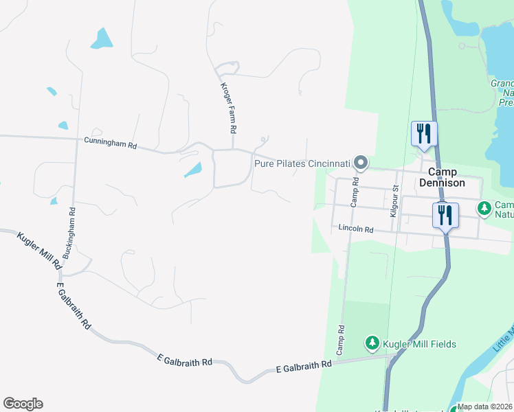 map of restaurants, bars, coffee shops, grocery stores, and more near 9725 Cunningham Road in Cincinnati