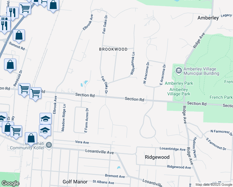 map of restaurants, bars, coffee shops, grocery stores, and more near 2580 Section Road in Cincinnati