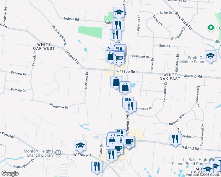 map of restaurants, bars, coffee shops, grocery stores, and more near 5761 Cheviot Road in Cincinnati