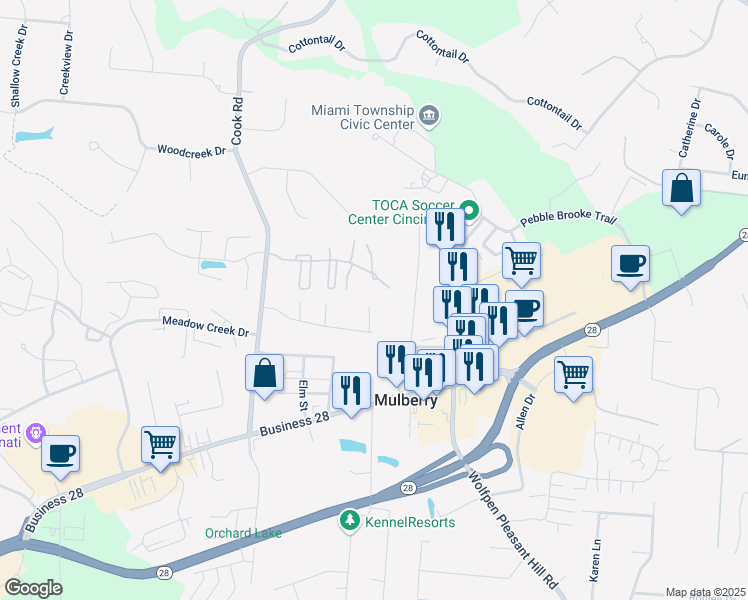 map of restaurants, bars, coffee shops, grocery stores, and more near 5753 Hanley Close in Milford