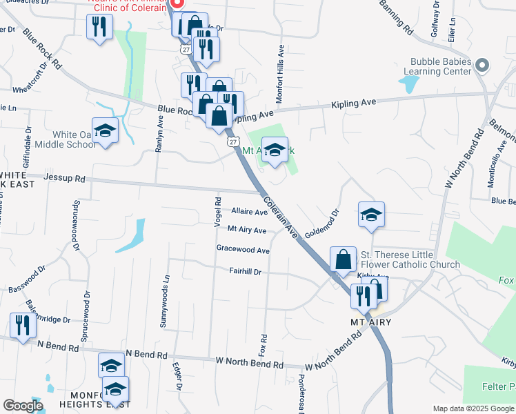 map of restaurants, bars, coffee shops, grocery stores, and more near 2614 Allaire Avenue in Cincinnati