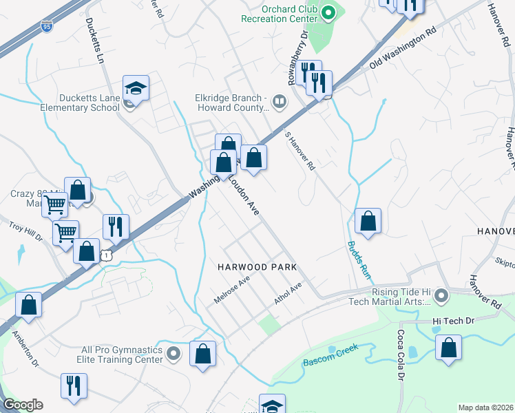 map of restaurants, bars, coffee shops, grocery stores, and more near 6353A Loudon Avenue in Elkridge