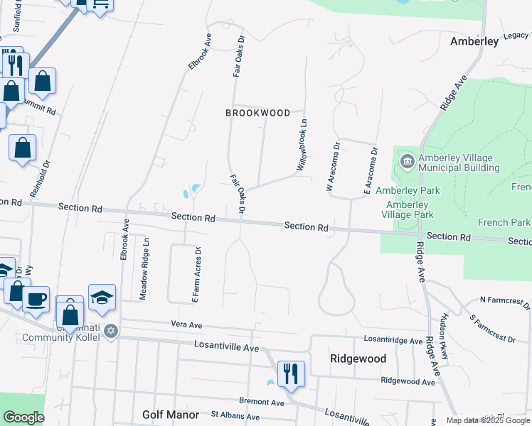 map of restaurants, bars, coffee shops, grocery stores, and more near 2580 Section Road in Cincinnati