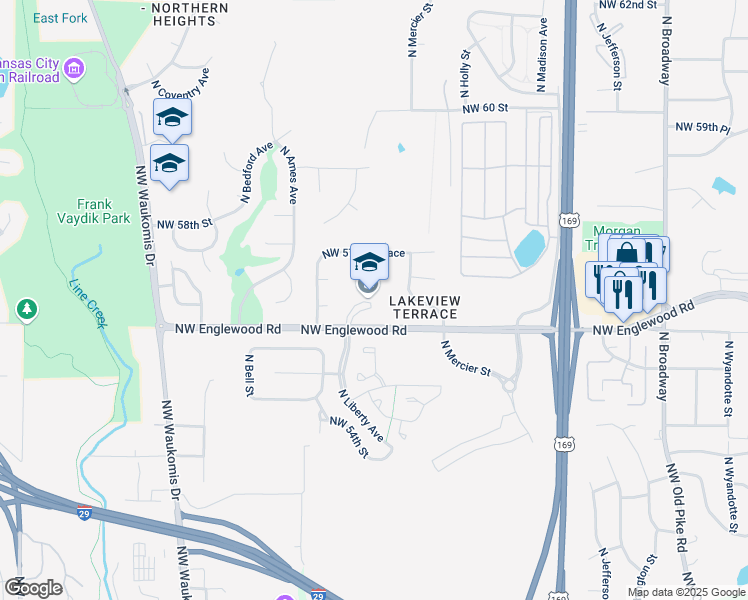 map of restaurants, bars, coffee shops, grocery stores, and more near 1500 Northwest Englewood Road in Kansas City