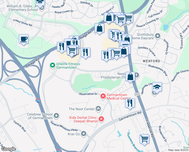 map of restaurants, bars, coffee shops, grocery stores, and more near 12133 Amber Ridge Circle in Germantown