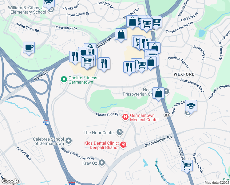 map of restaurants, bars, coffee shops, grocery stores, and more near 12133 Amber Ridge Circle in Germantown