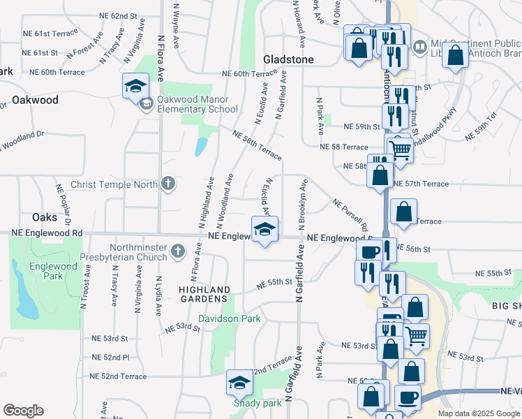 map of restaurants, bars, coffee shops, grocery stores, and more near 1904 Northeast Englewood Road in Gladstone