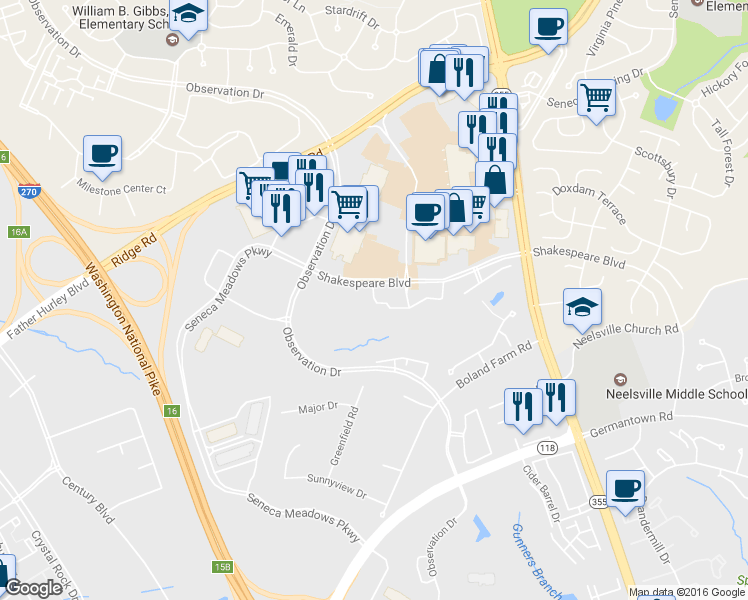 map of restaurants, bars, coffee shops, grocery stores, and more near 12016 Amber Ridge Circle in Germantown