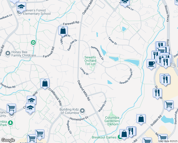 map of restaurants, bars, coffee shops, grocery stores, and more near 6311 Early Red Court in Columbia