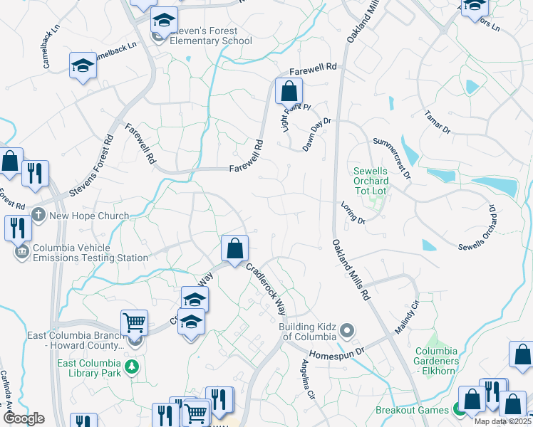 map of restaurants, bars, coffee shops, grocery stores, and more near 6434 Skyward Court in Columbia