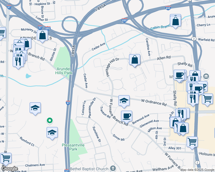 map of restaurants, bars, coffee shops, grocery stores, and more near 6452 Lacrosse Lane in Glen Burnie