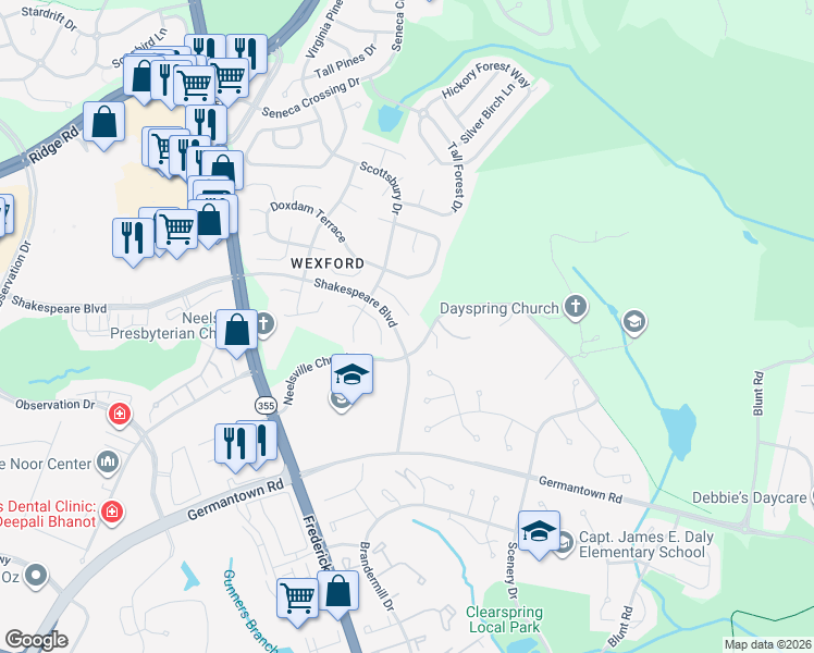 map of restaurants, bars, coffee shops, grocery stores, and more near 11500 Dragonfire Way in Germantown