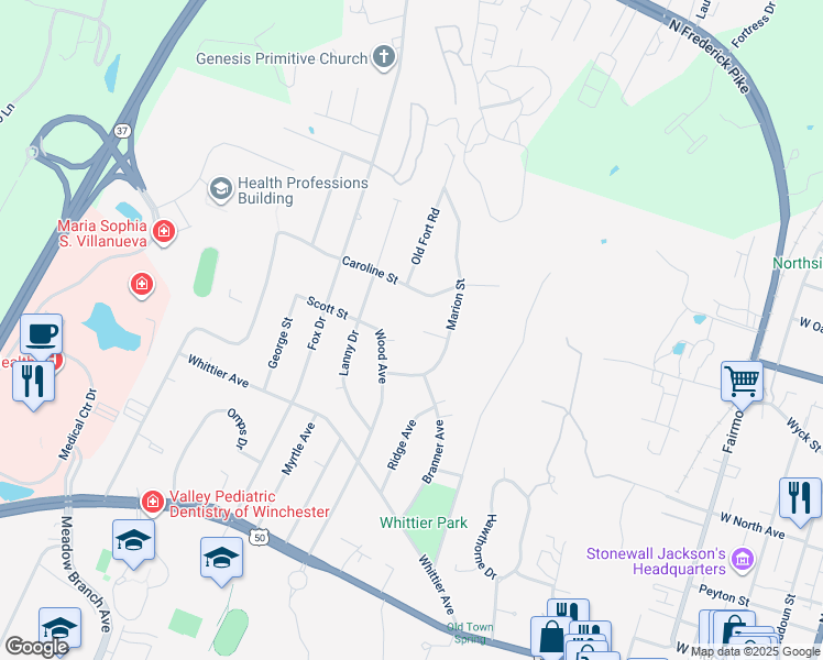 map of restaurants, bars, coffee shops, grocery stores, and more near 1113 Milroy Court in Winchester