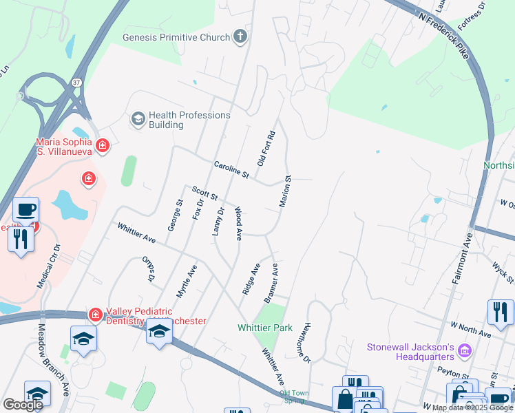 map of restaurants, bars, coffee shops, grocery stores, and more near 1113 Milroy Court in Winchester