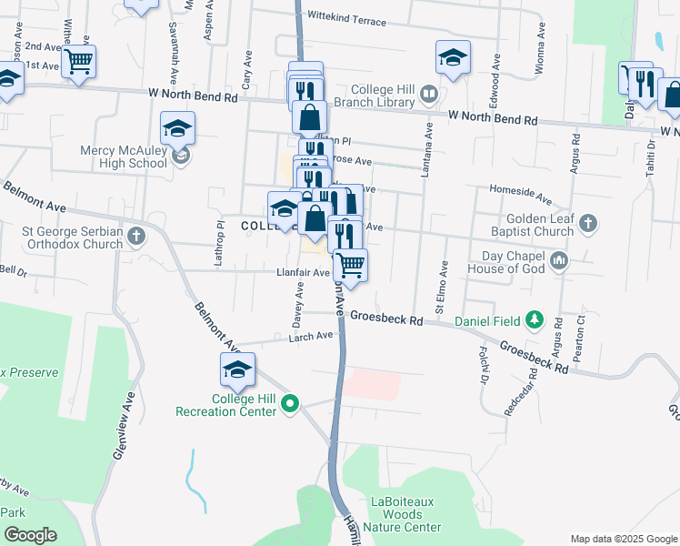 map of restaurants, bars, coffee shops, grocery stores, and more near 5742 Hamilton Avenue in Cincinnati