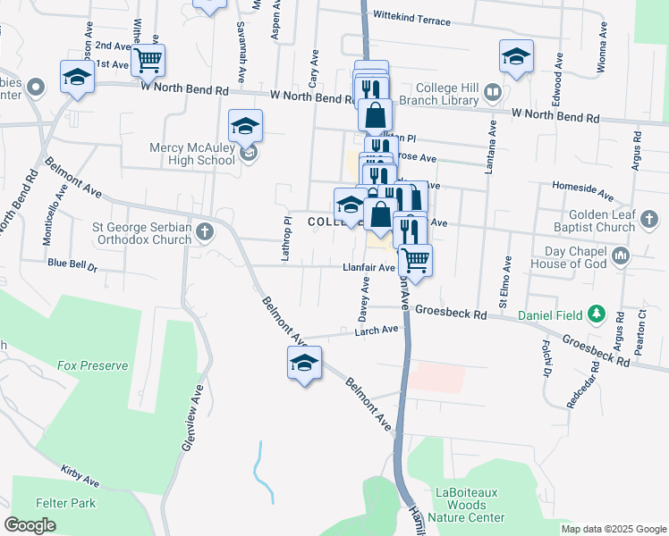 map of restaurants, bars, coffee shops, grocery stores, and more near 1701 Llanfair Avenue in Cincinnati