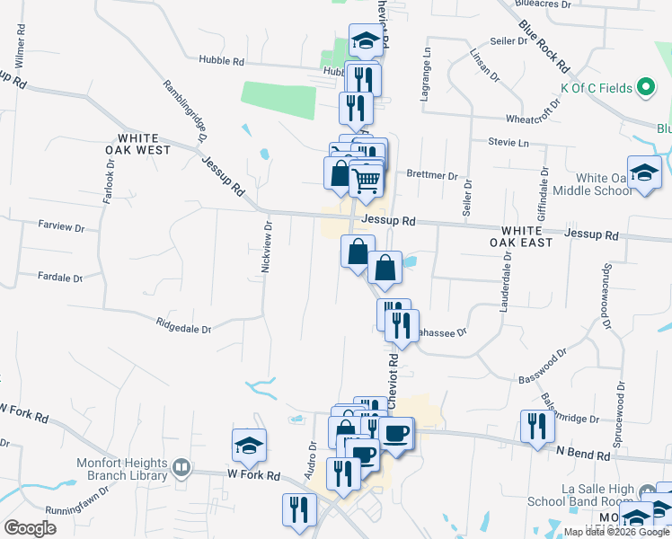 map of restaurants, bars, coffee shops, grocery stores, and more near 5761 Cheviot Road in Cincinnati