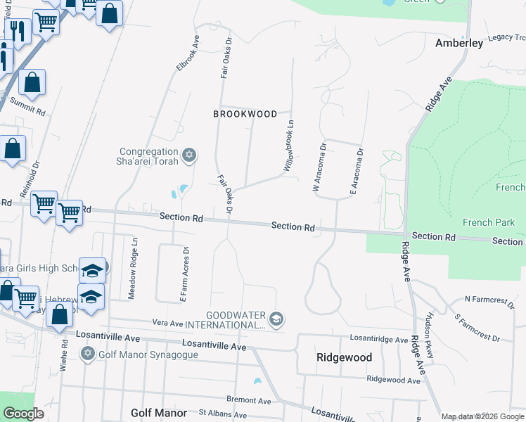 map of restaurants, bars, coffee shops, grocery stores, and more near 2626 Section Road in Cincinnati