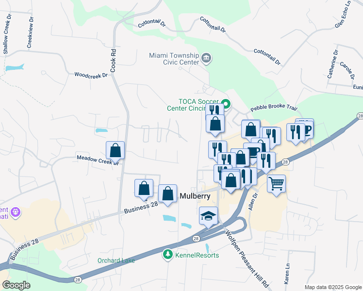 map of restaurants, bars, coffee shops, grocery stores, and more near 5753 Hanley Close in Milford