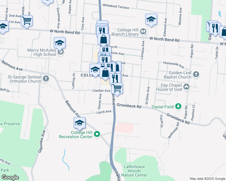map of restaurants, bars, coffee shops, grocery stores, and more near 5801 Hamilton Avenue in Cincinnati