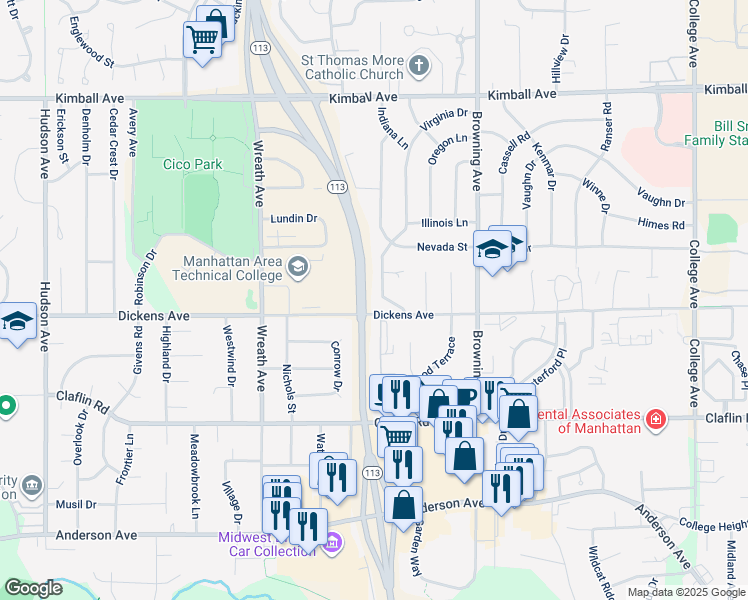 map of restaurants, bars, coffee shops, grocery stores, and more near 1609 Virginia Drive in Manhattan
