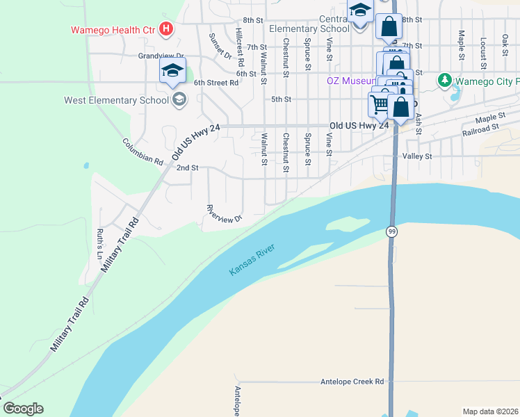 map of restaurants, bars, coffee shops, grocery stores, and more near 103 Walnut Street in Wamego