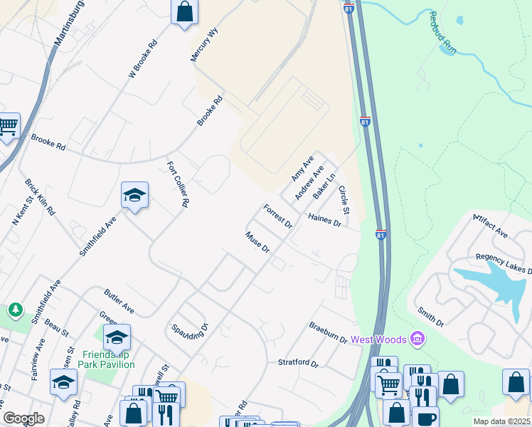 map of restaurants, bars, coffee shops, grocery stores, and more near 112 Johnston Drive in Winchester