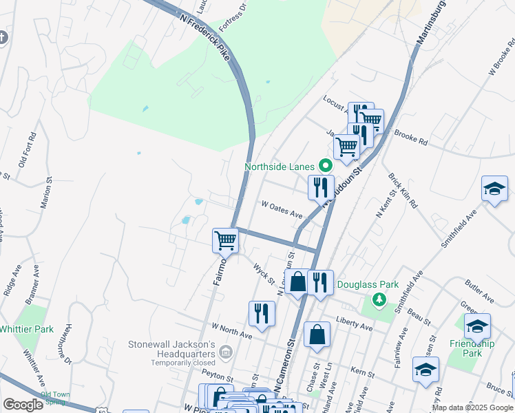 map of restaurants, bars, coffee shops, grocery stores, and more near 137 West Oates Avenue in Winchester