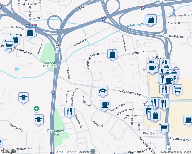 map of restaurants, bars, coffee shops, grocery stores, and more near 6001 Heritage Hill Drive in Glen Burnie