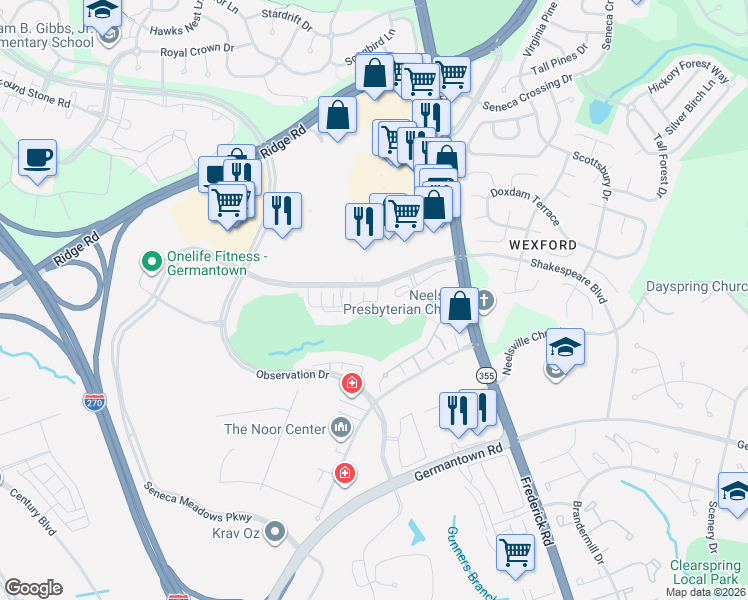 map of restaurants, bars, coffee shops, grocery stores, and more near 12009 Amber Ridge Circle in Germantown