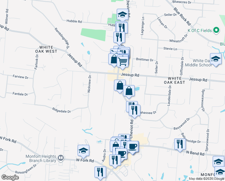 map of restaurants, bars, coffee shops, grocery stores, and more near 5761 Cheviot Road in Cincinnati
