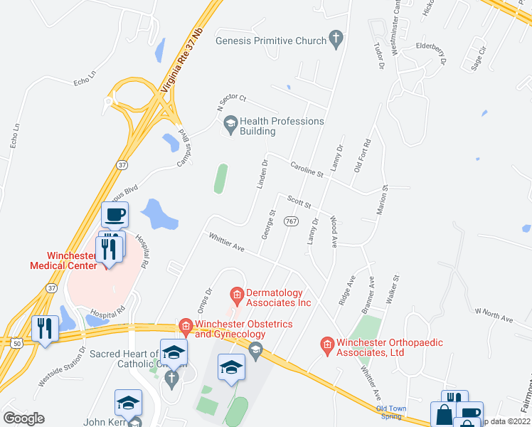 map of restaurants, bars, coffee shops, grocery stores, and more near 349 George Street in Winchester