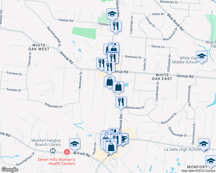 map of restaurants, bars, coffee shops, grocery stores, and more near 5761 Cheviot Road in Cincinnati