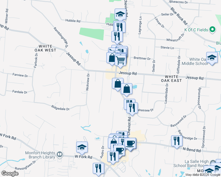 map of restaurants, bars, coffee shops, grocery stores, and more near 5761 Cheviot Road in Cincinnati
