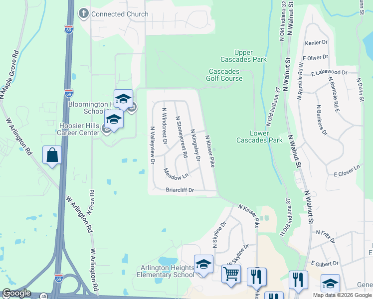 map of restaurants, bars, coffee shops, grocery stores, and more near 3272 North O Brien Place in Bloomington