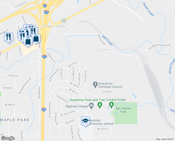 map of restaurants, bars, coffee shops, grocery stores, and more near 5649 North Tullis Avenue in Kansas City