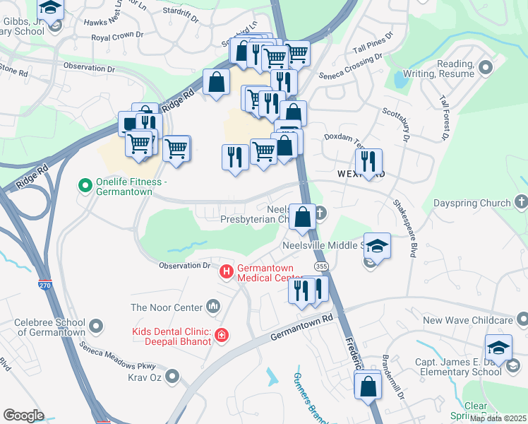 map of restaurants, bars, coffee shops, grocery stores, and more near 11800 Eton Manor Drive in Germantown