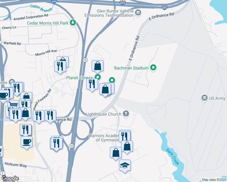 map of restaurants, bars, coffee shops, grocery stores, and more near 585 East Ordnance Road in Glen Burnie