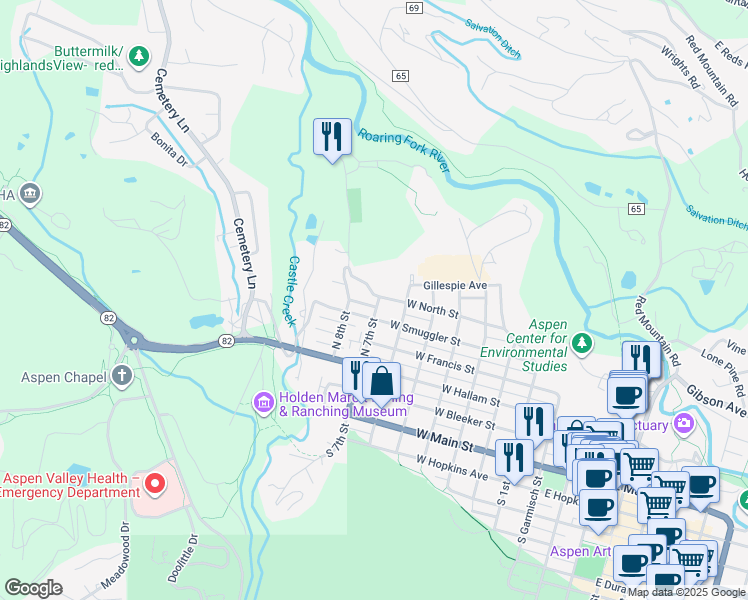 map of restaurants, bars, coffee shops, grocery stores, and more near 800 West Smuggler Street in Aspen