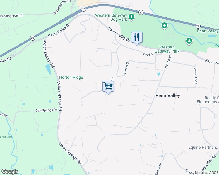 map of restaurants, bars, coffee shops, grocery stores, and more near 18835 Hilltop Road in Penn Valley